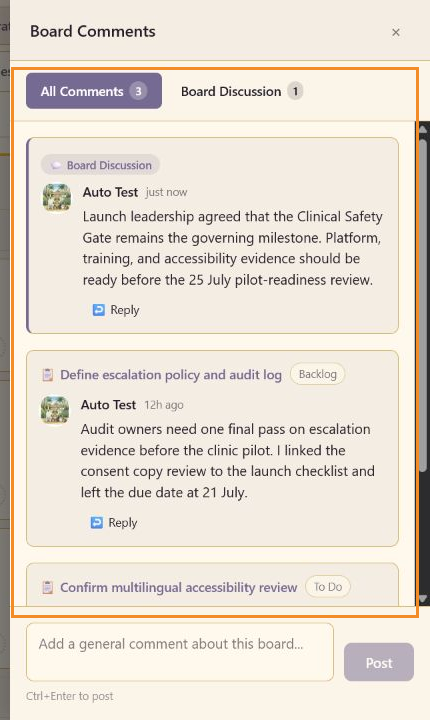Annotated Board Comments panel highlighting All Comments, Board Discussion, and populated CareArc threads