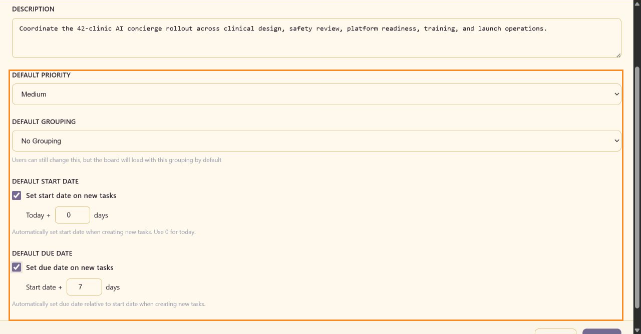 Annotated General settings highlighting default priority, grouping, automatic start date, and due-date offset