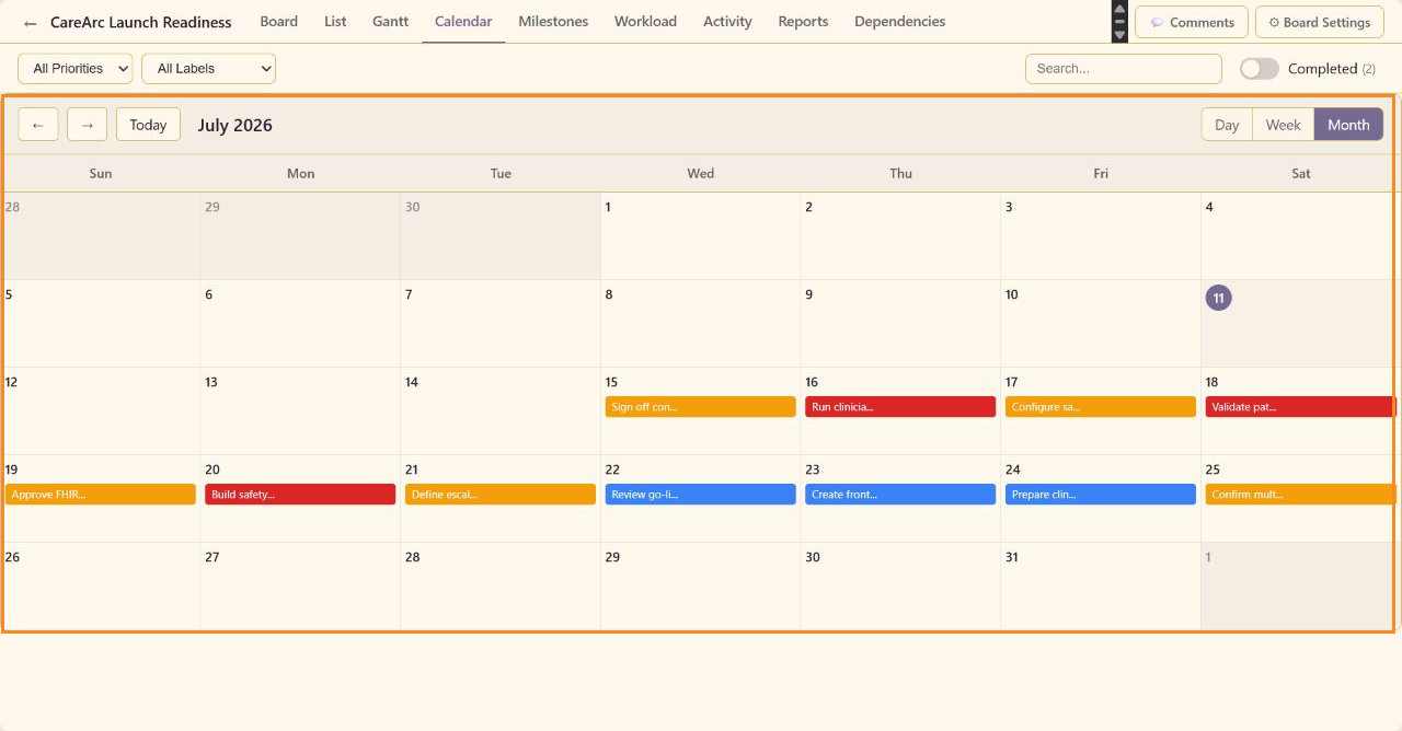 Annotated July 2026 Calendar view highlighting dated CareArc tasks and the calendar navigation controls