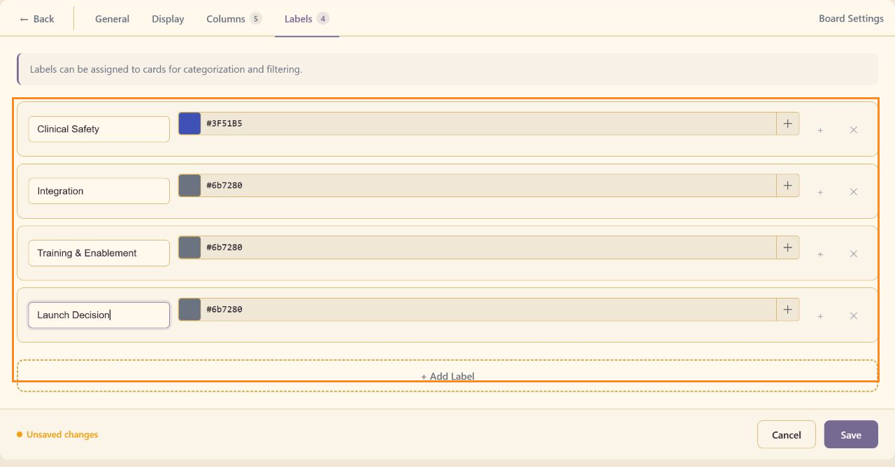 Annotated Labels settings highlighting Clinical Safety, Integration, Training and Enablement, and Launch Decision labels