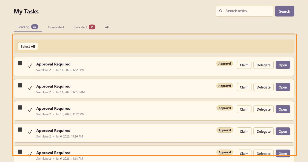 Annotated My Tasks queue highlighting state tabs, bulk selection, approval tasks, Claim, Delegate, and Open