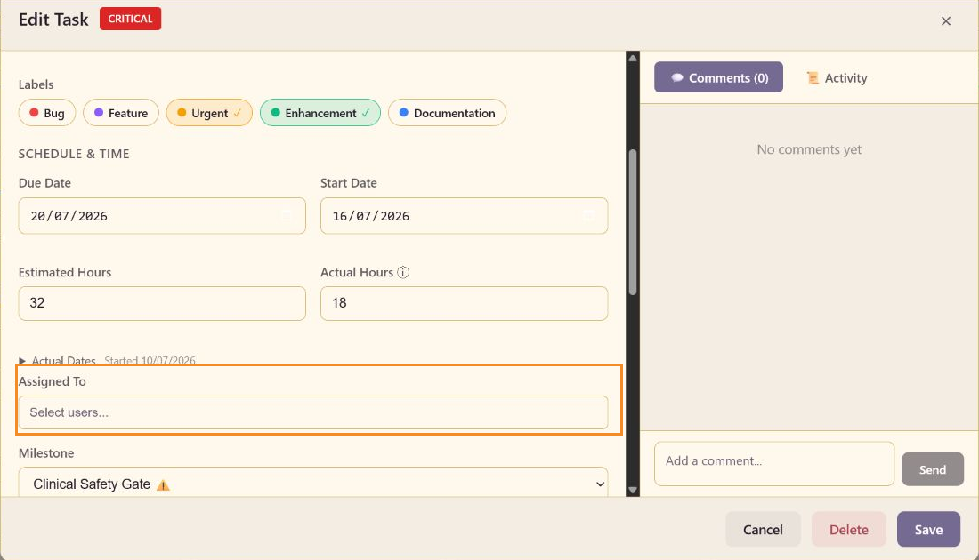 Annotated advanced task schedule highlighting the Assigned To picker