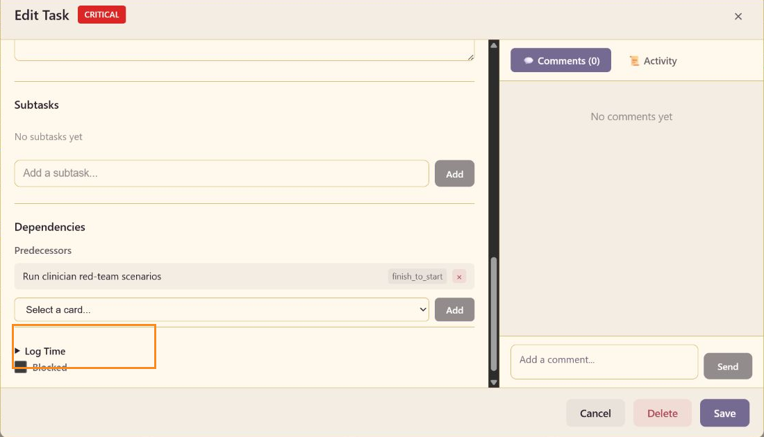 Annotated task editor highlighting the Blocked control below Dependencies and Log Time