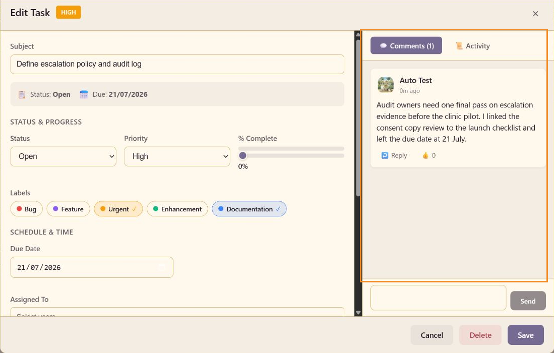 Annotated task detail panel showing a posted comment, Comments count, Activity tab, and composer