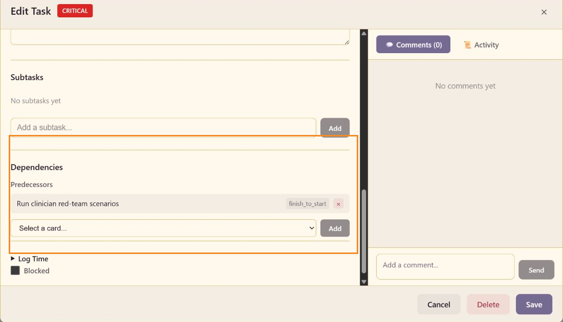 Annotated task editor highlighting a finish-to-start predecessor and the dependency picker