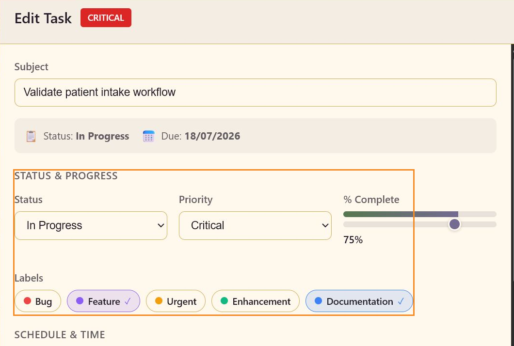 Annotated task editor showing the status, priority, completion slider, and label controls