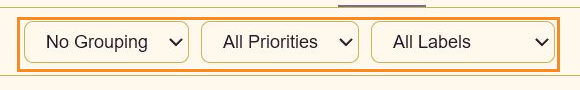 Annotated board filter bar showing grouping, priority, and label controls