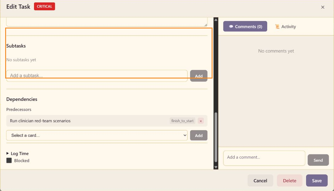 Annotated task editor highlighting the Subtasks input and Add action