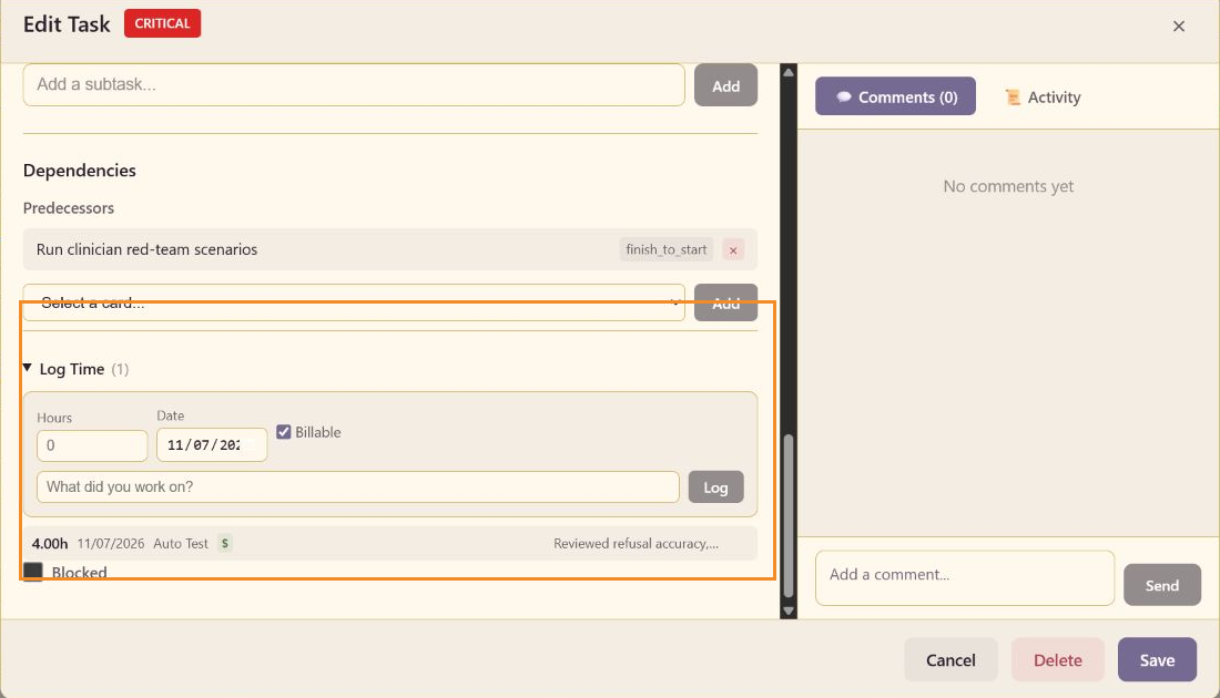 Annotated task editor highlighting a predecessor and a populated four-hour billable time entry