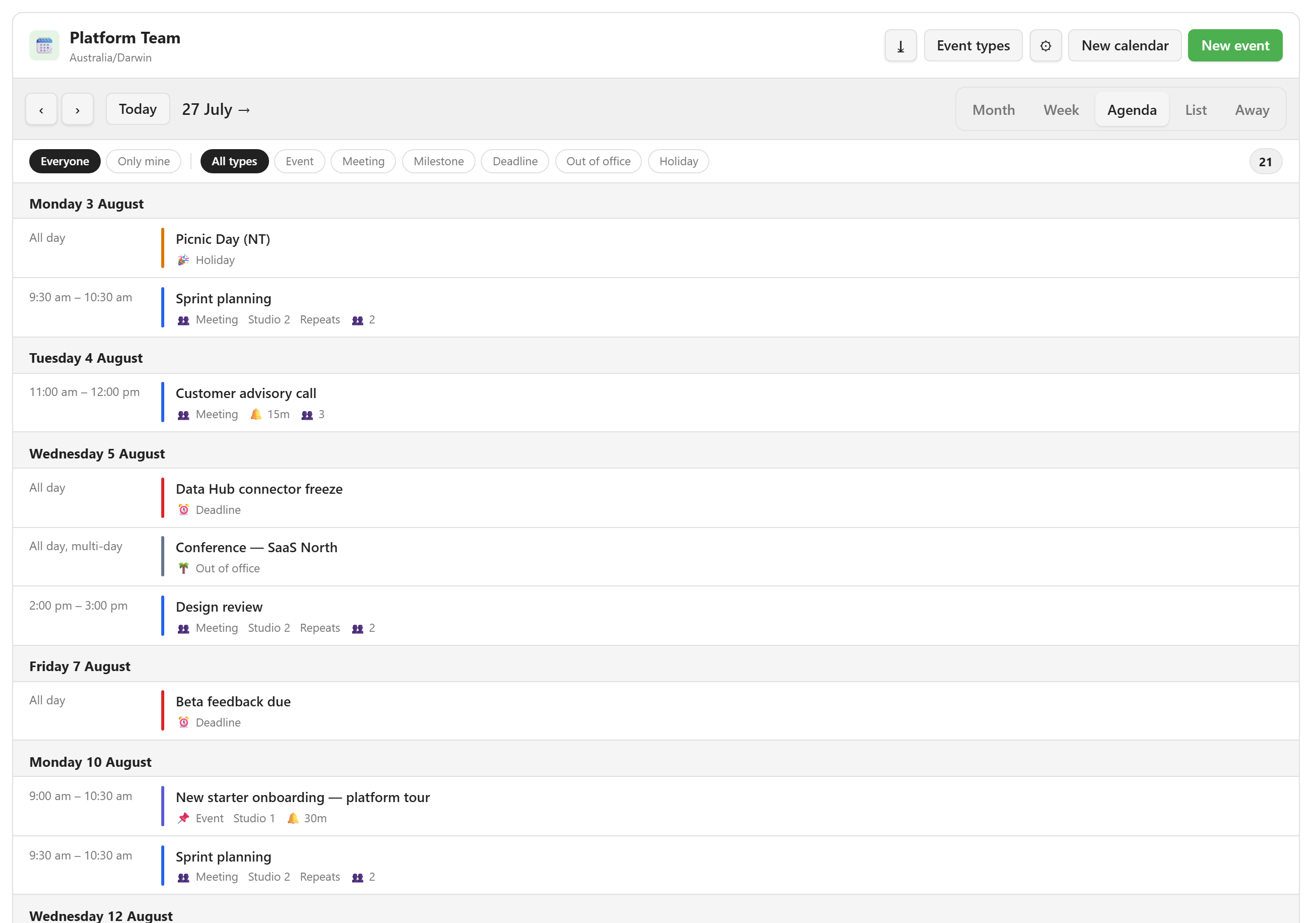 The Agenda view listing events grouped under date headings with time, type, and meta chips