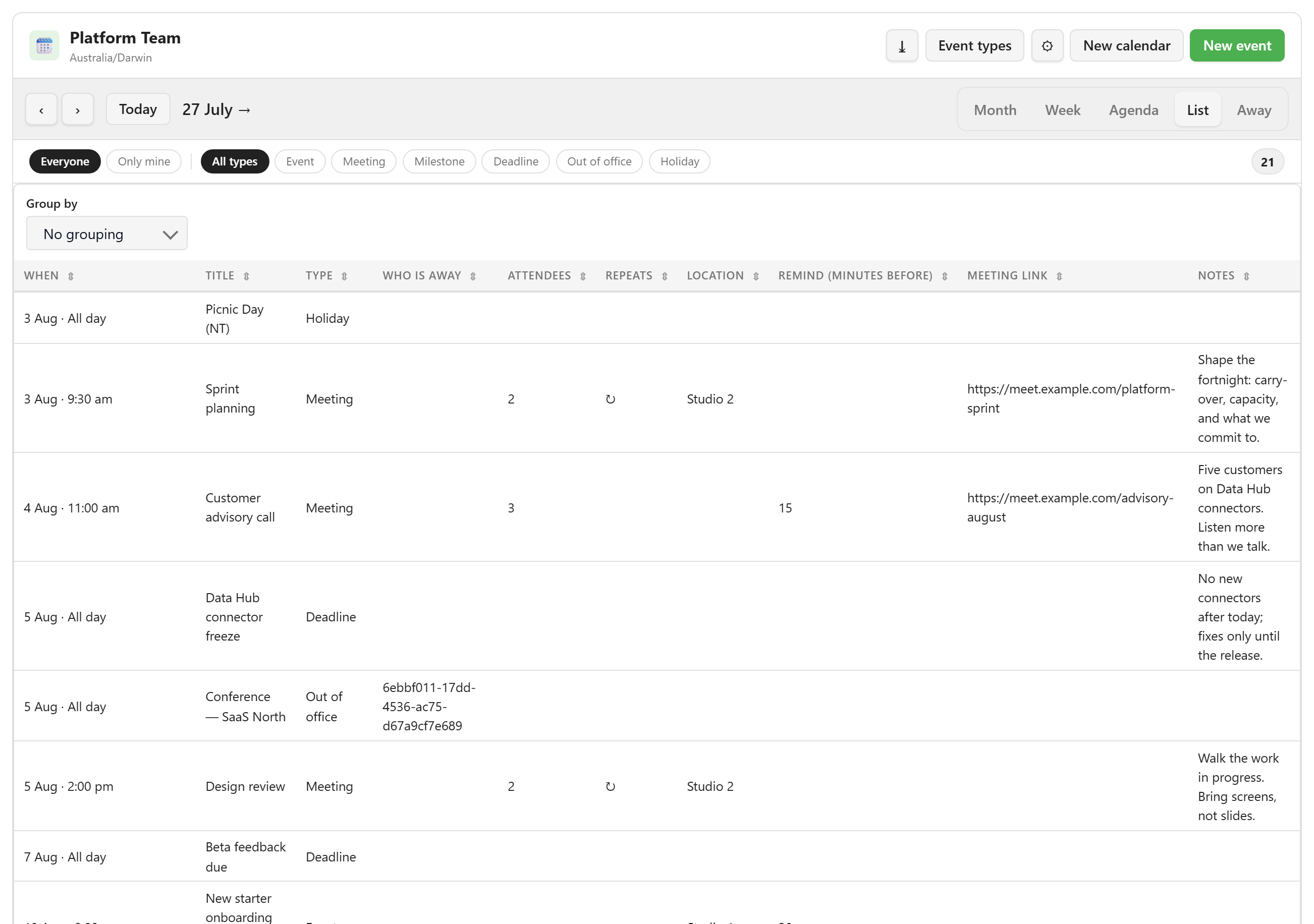 The List view as a sortable table with a When column and per-field filters