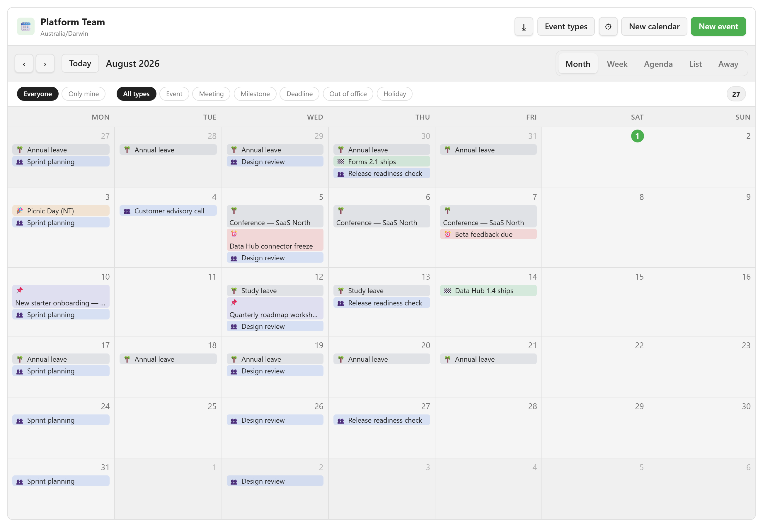 The Month view showing five weeks of events including leave, meetings, milestones, and a holiday