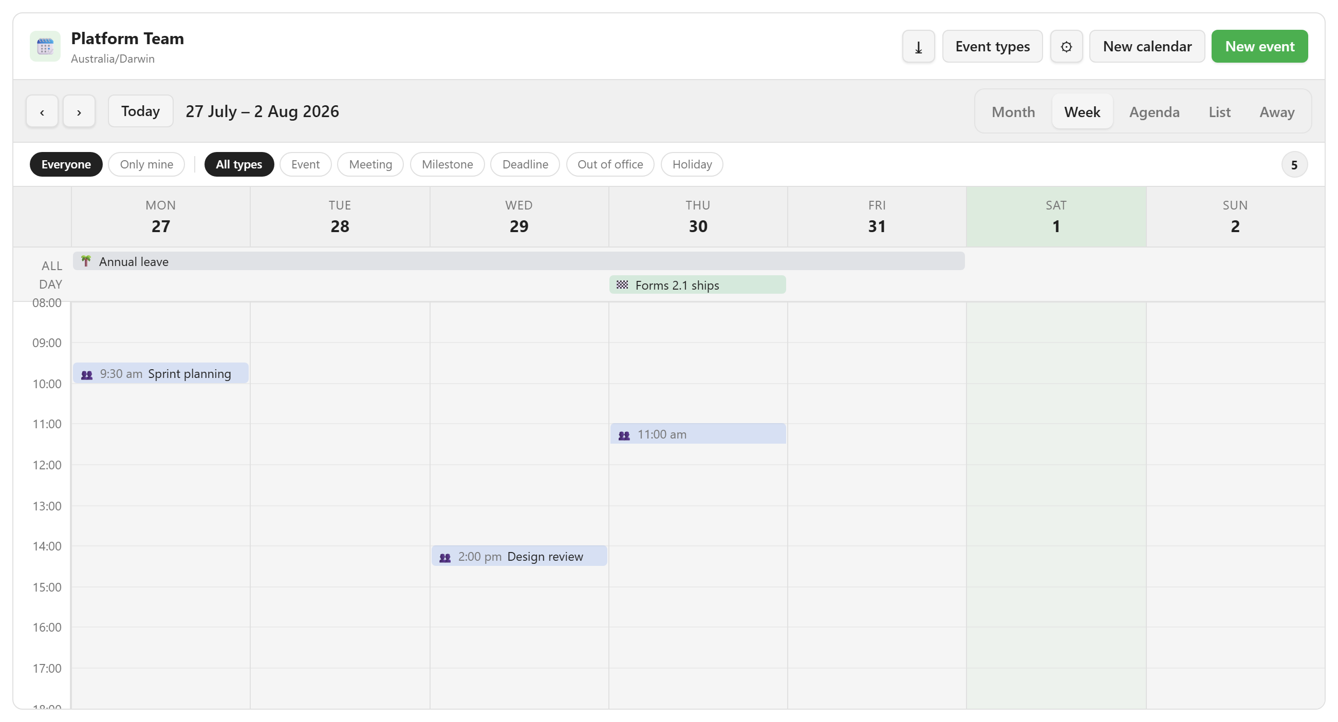 The Week view with an all-day band above an hour grid, showing timed meetings at their clock positions