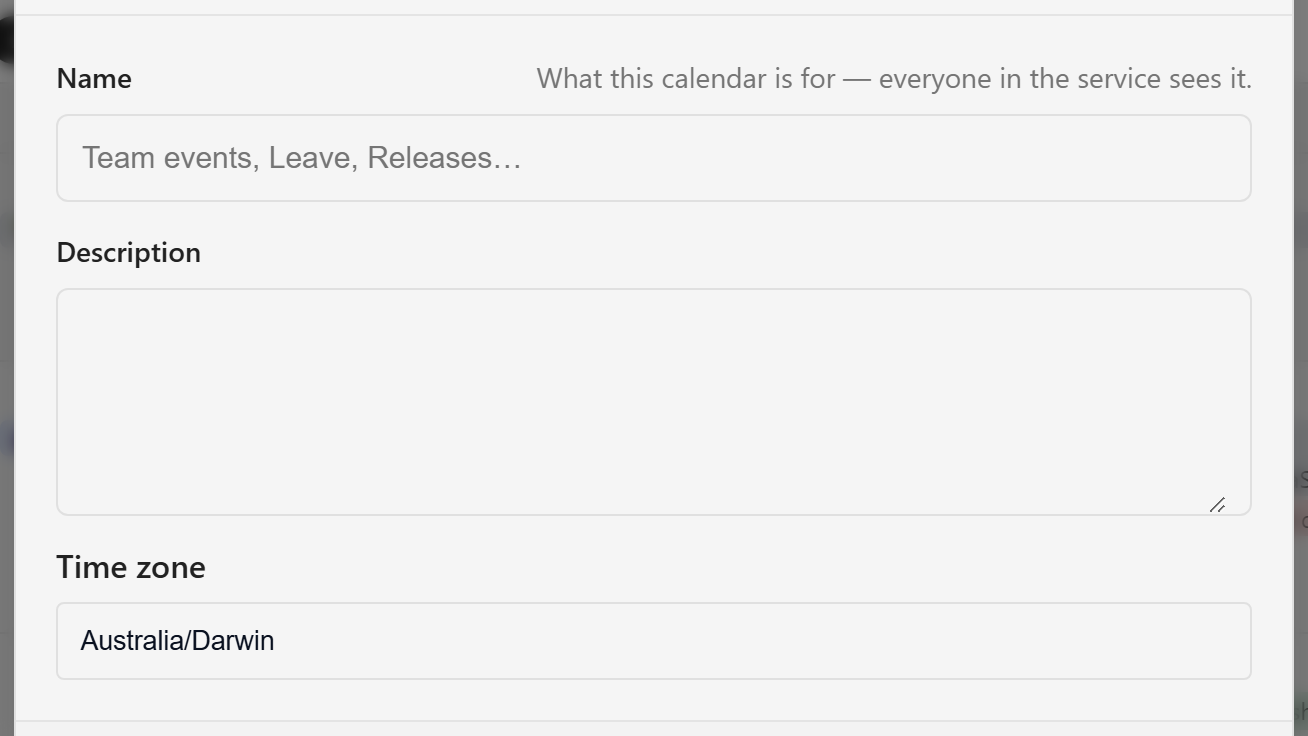 The New calendar dialog with Name, Description, and Time zone fields