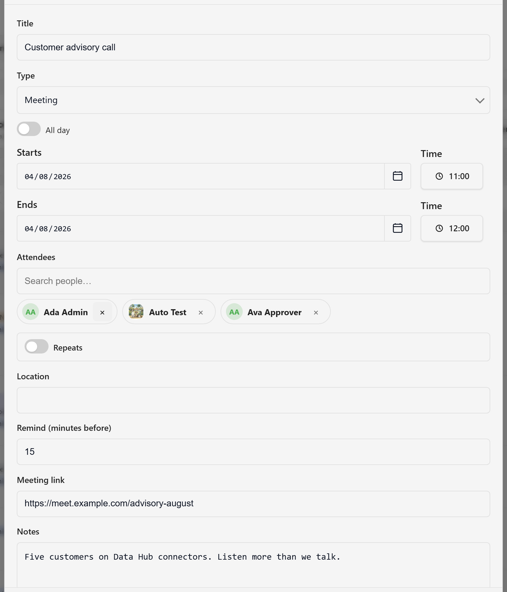 The event form for a customer advisory call, showing every built-in field