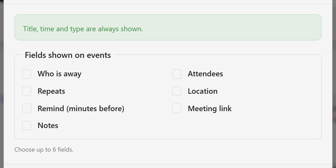 The Event display dialog listing selectable fields with a note that title, time, and type are always shown