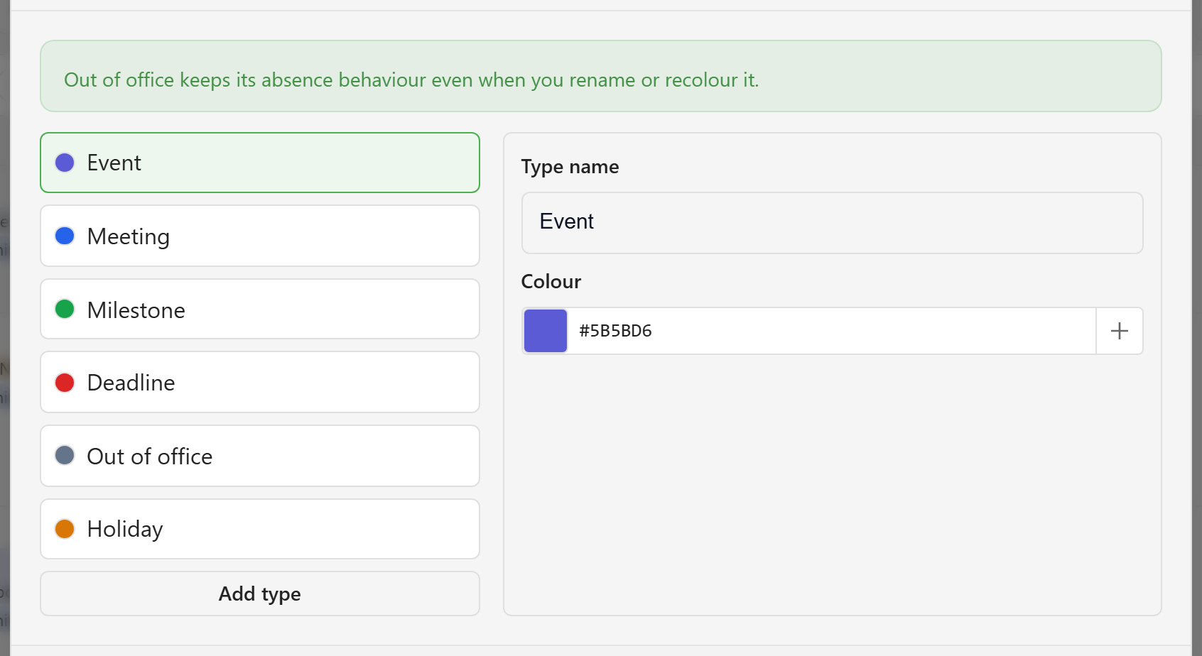 The Event types dialog listing the six built-in types with a name field and colour picker