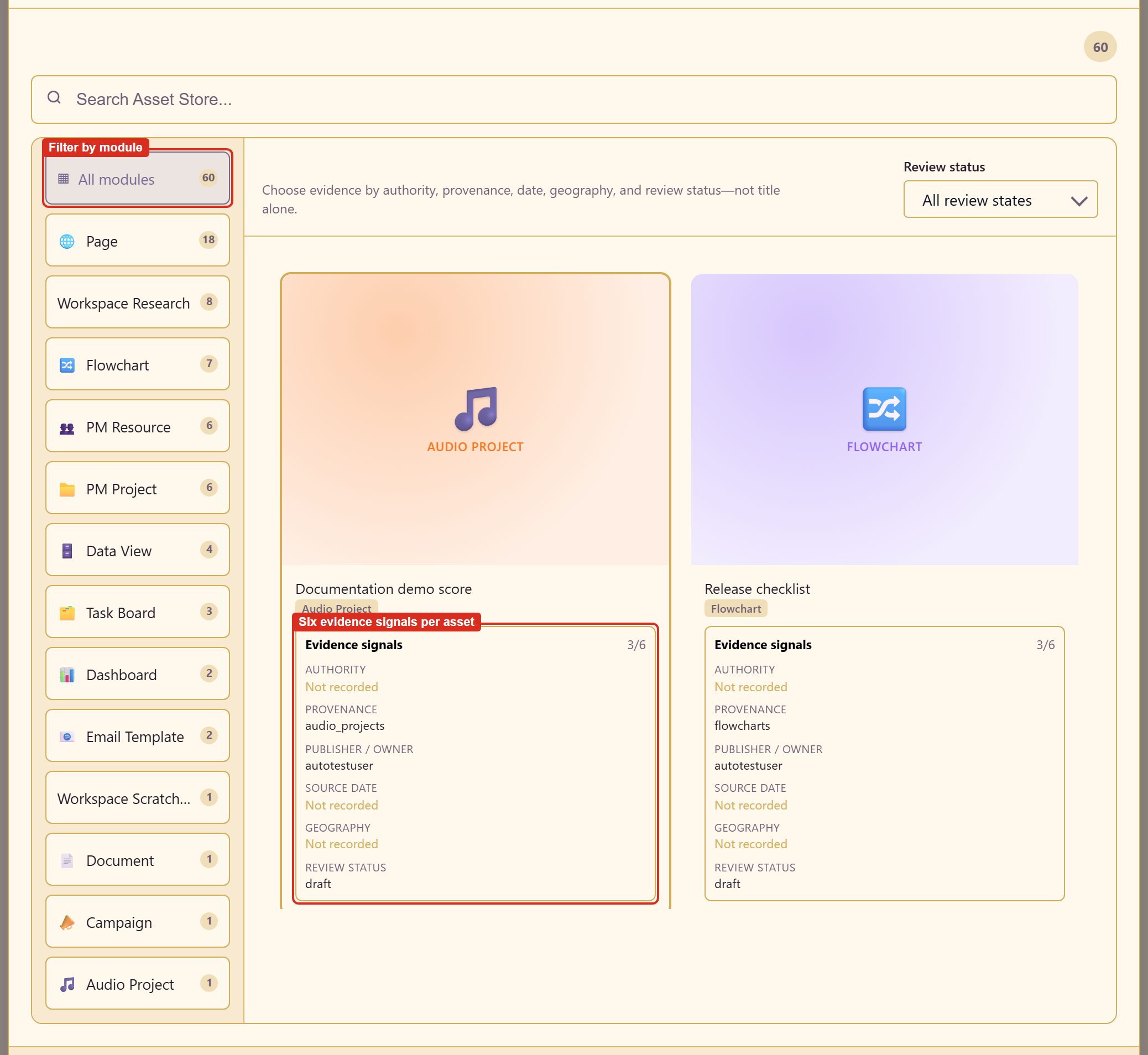 The asset picker with module filters down the side and evidence signals on each card