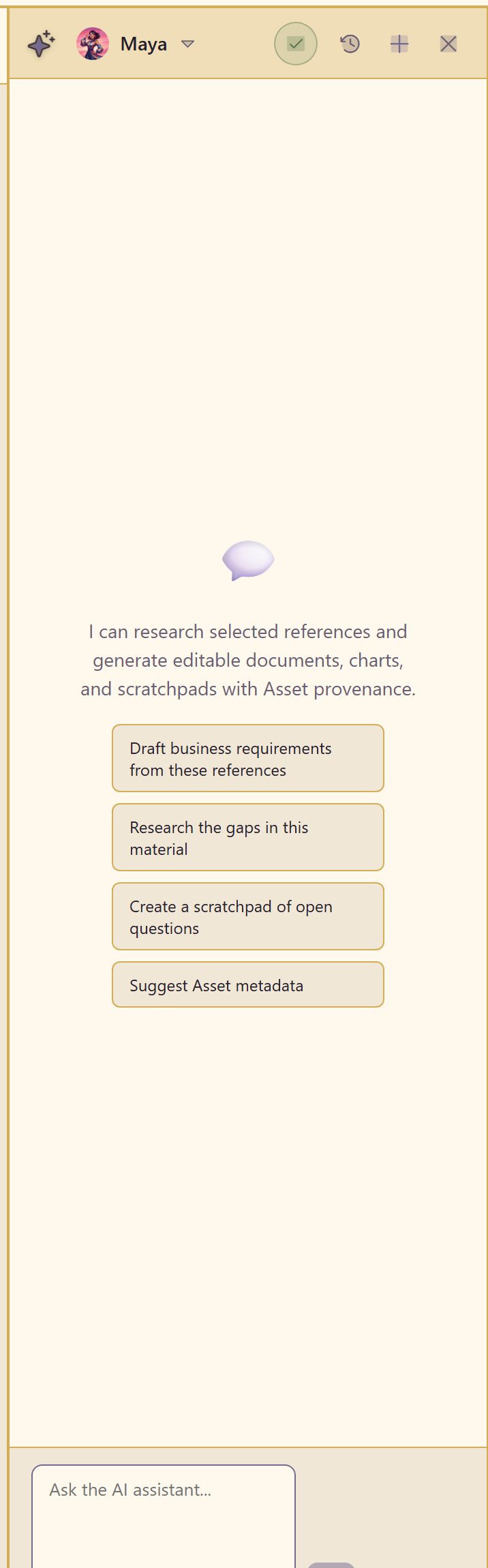 A new conversation showing the assistant’s opening line and four starter prompts