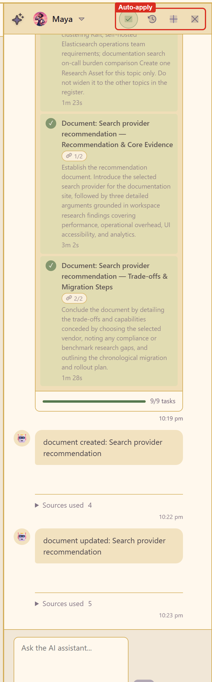 The AI panel with the auto-apply notice, a running plan, and the composer