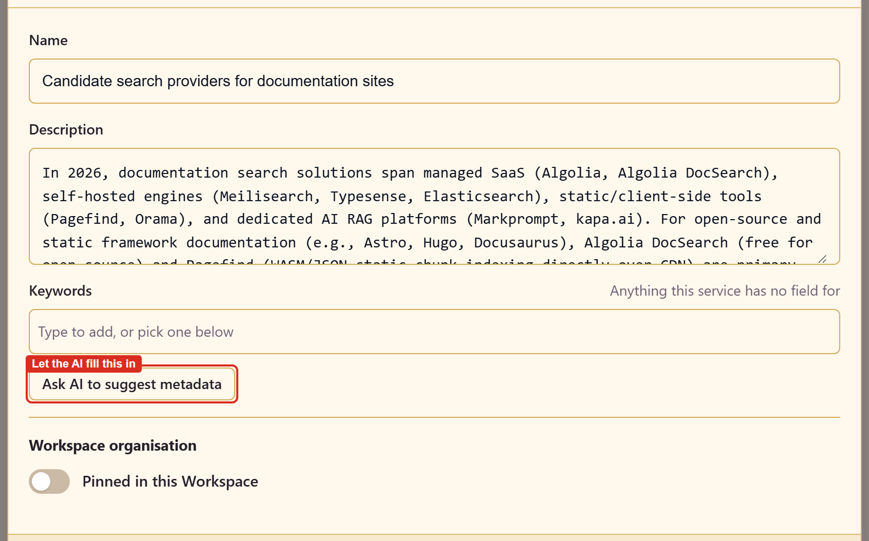 The Asset metadata dialog on a research item