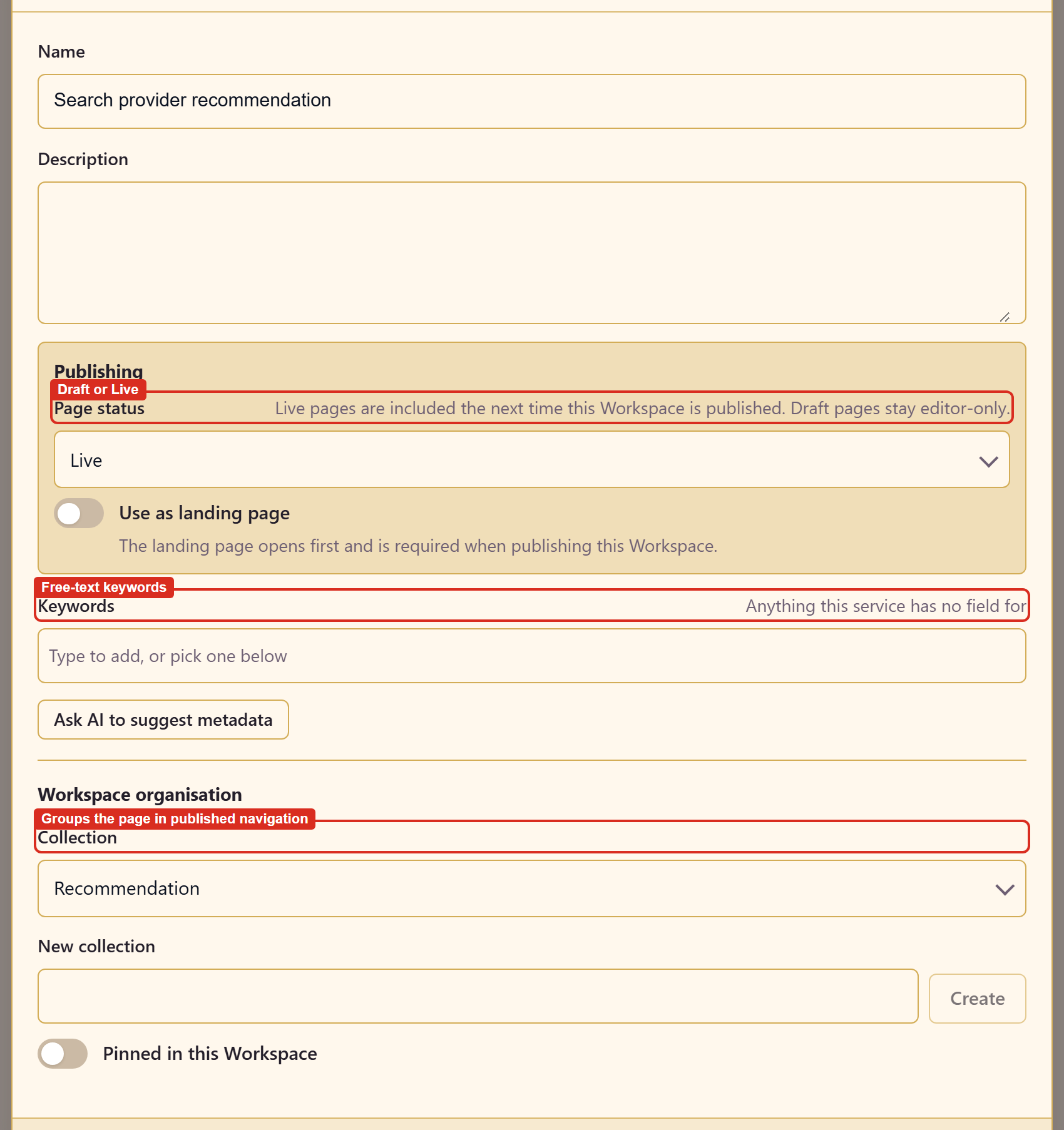 The Configure page dialog with page status, landing page, keywords, and collection