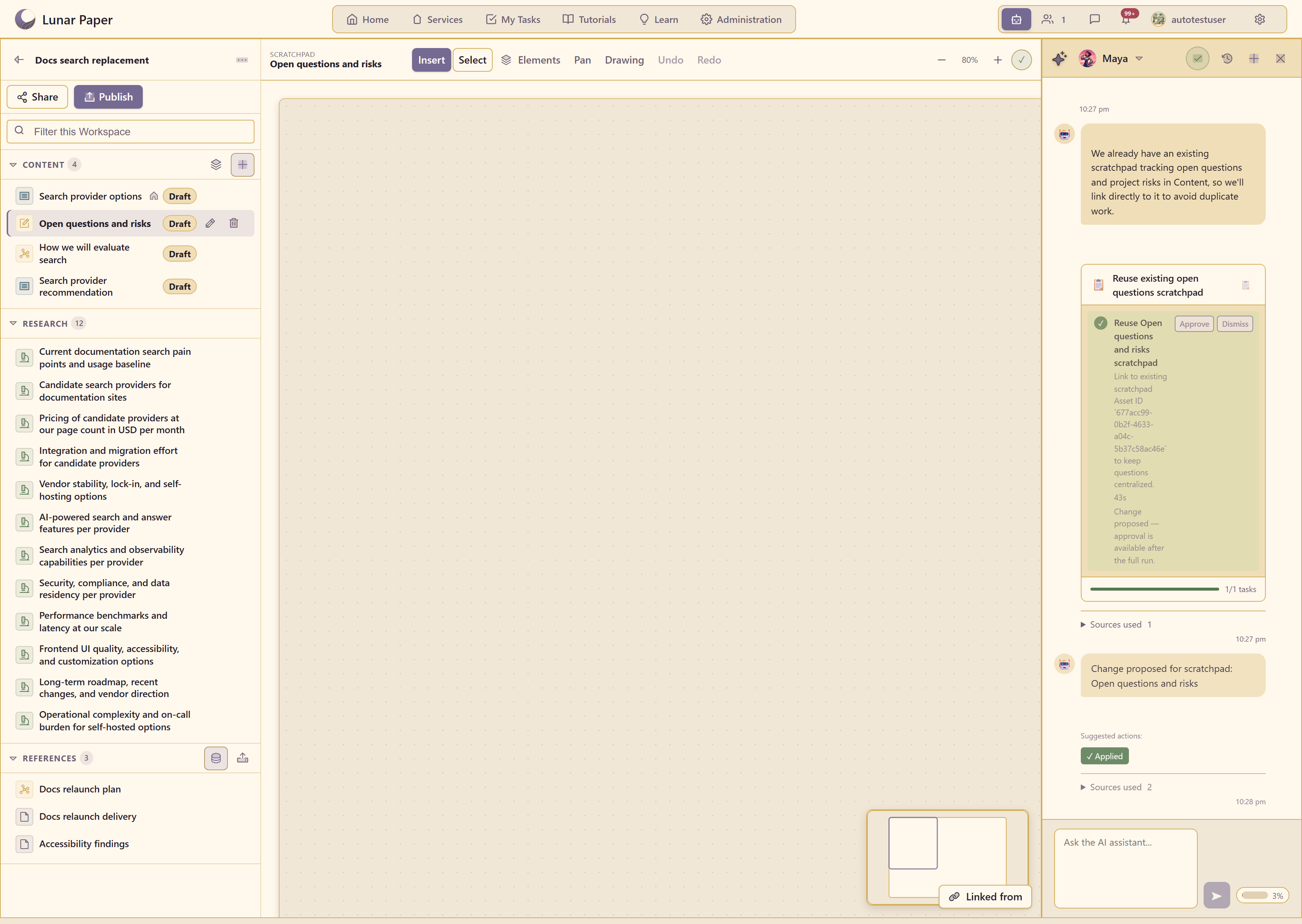 A new scratchpad in a workspace, showing the empty canvas and its toolbar