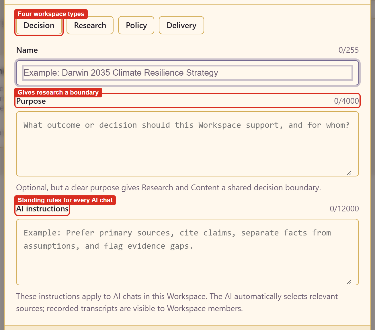 The Create Workspace dialog with four workspace types, a name, a purpose, and AI instructions