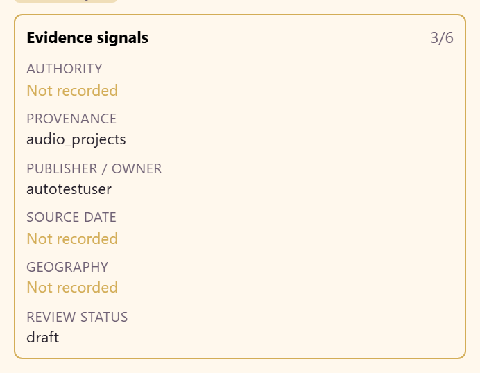 The six evidence signals on one asset card