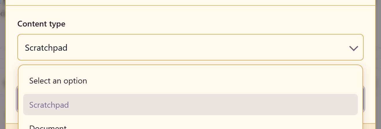 The New content dialog with its three content types