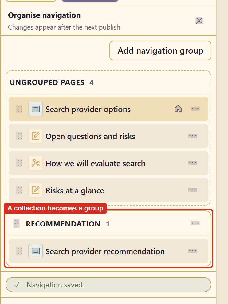 The navigation organiser showing a collection rendered as a navigation group