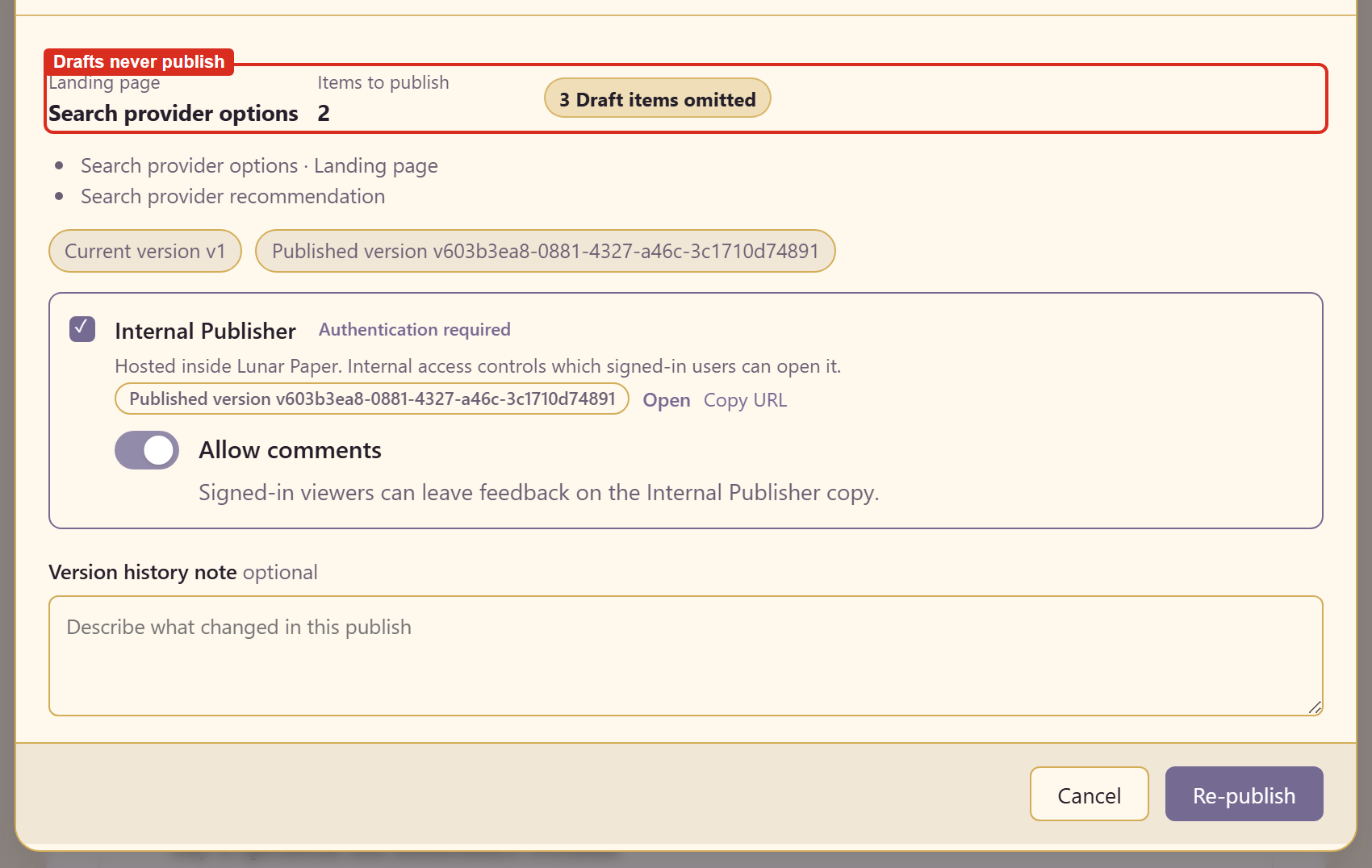 The publish dialog showing the landing page, the item count, and the omitted drafts