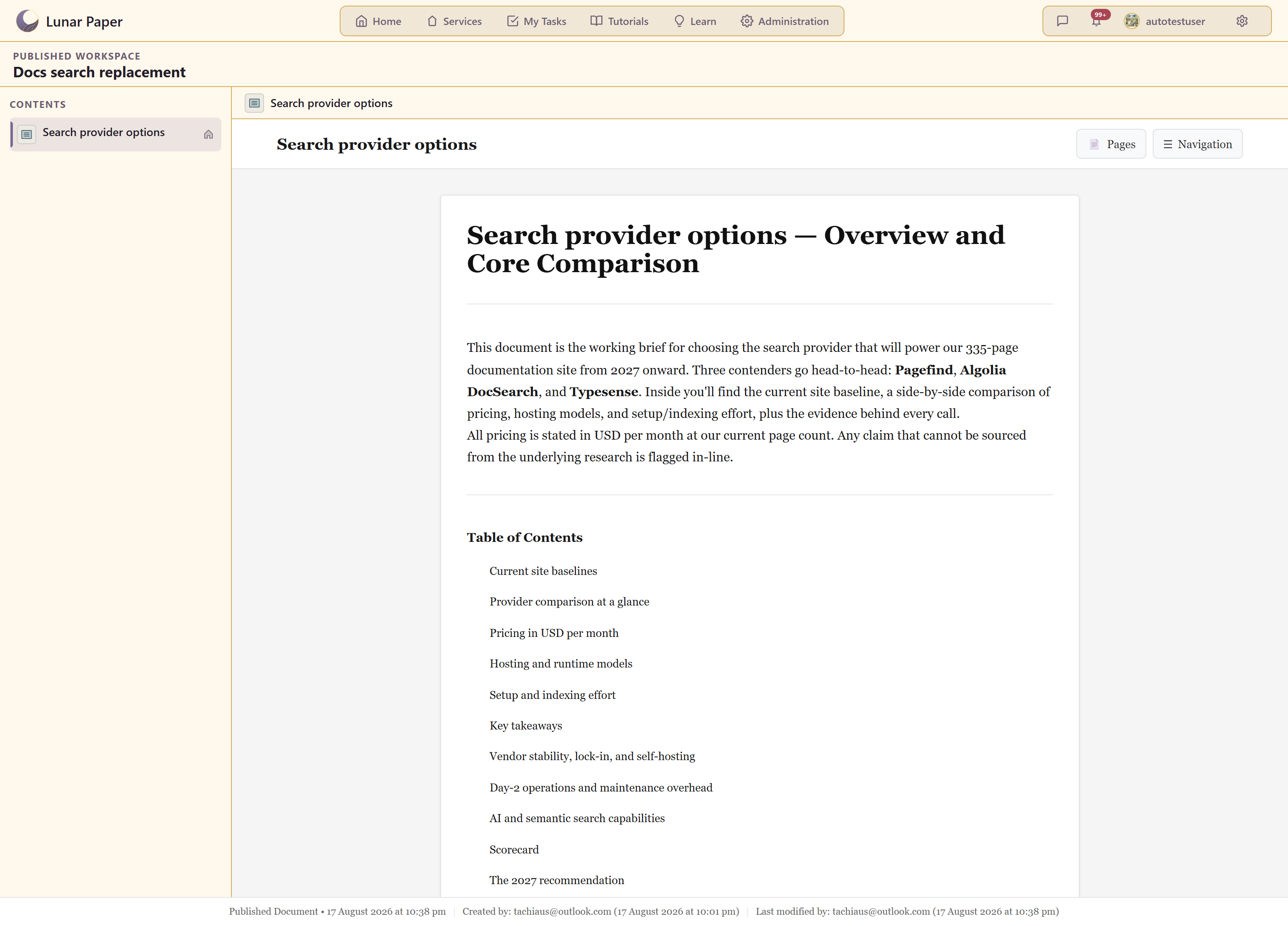 The published workspace with its contents list and the landing document