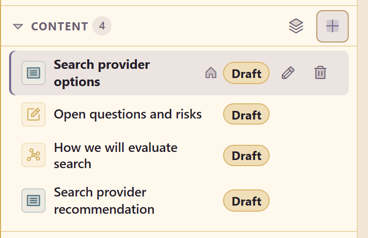 The content rail with four items, all marked Draft