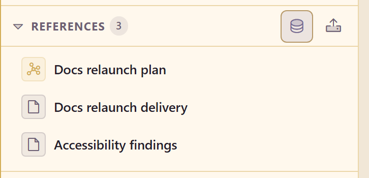 The references rail with three linked assets