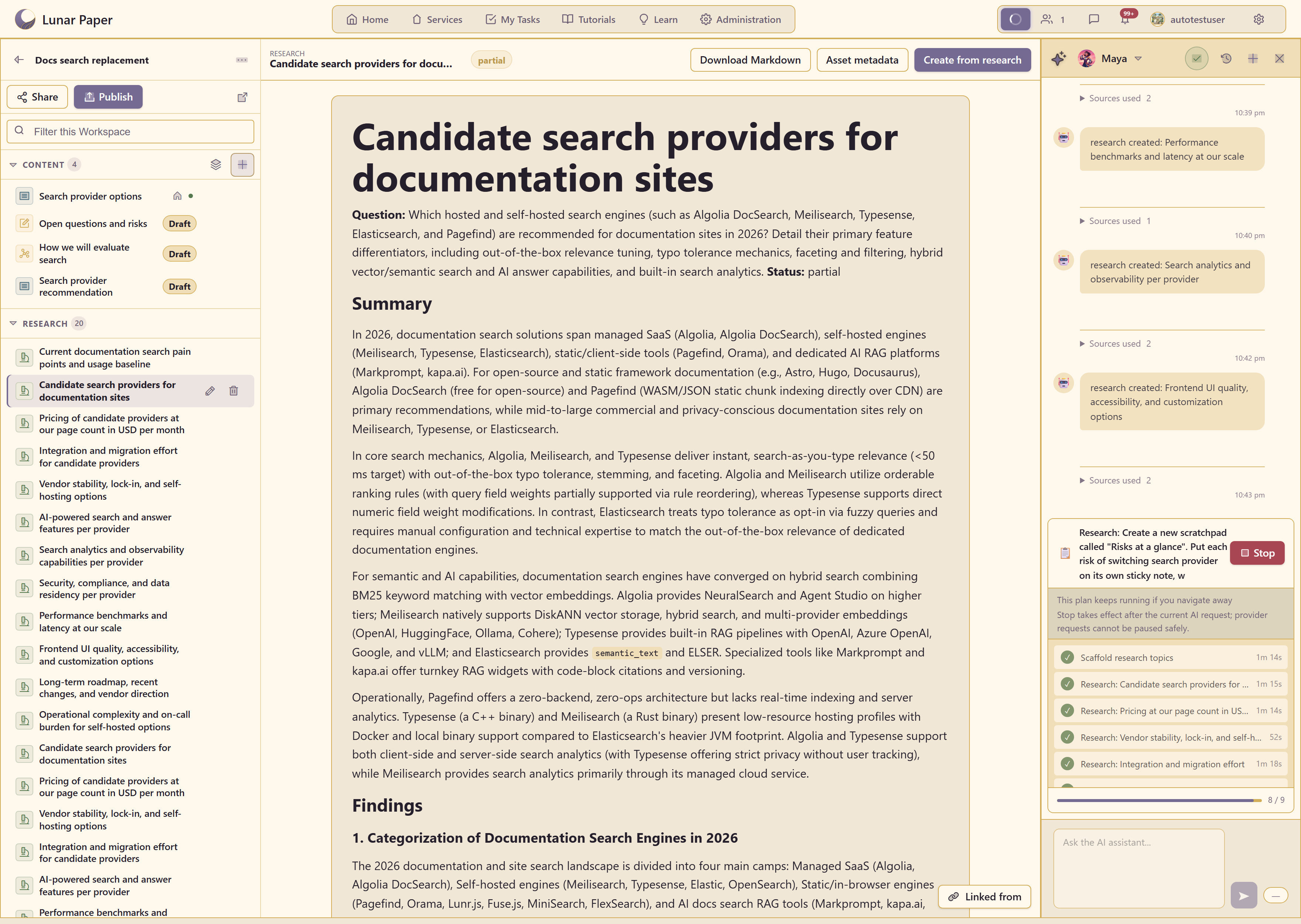 A completed research item showing its question, status, summary, findings, and sources