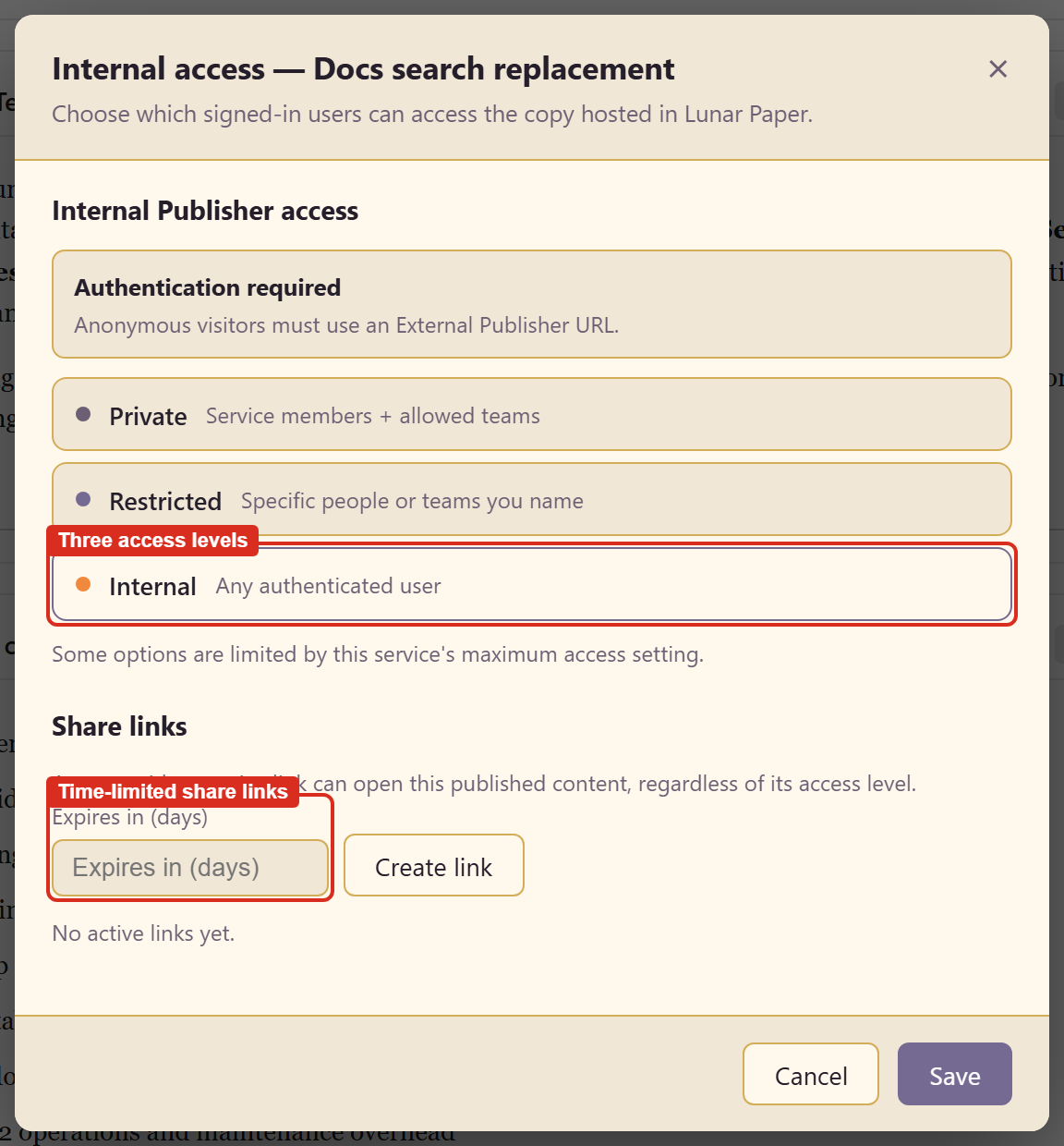 The internal access dialog with three access levels and share links