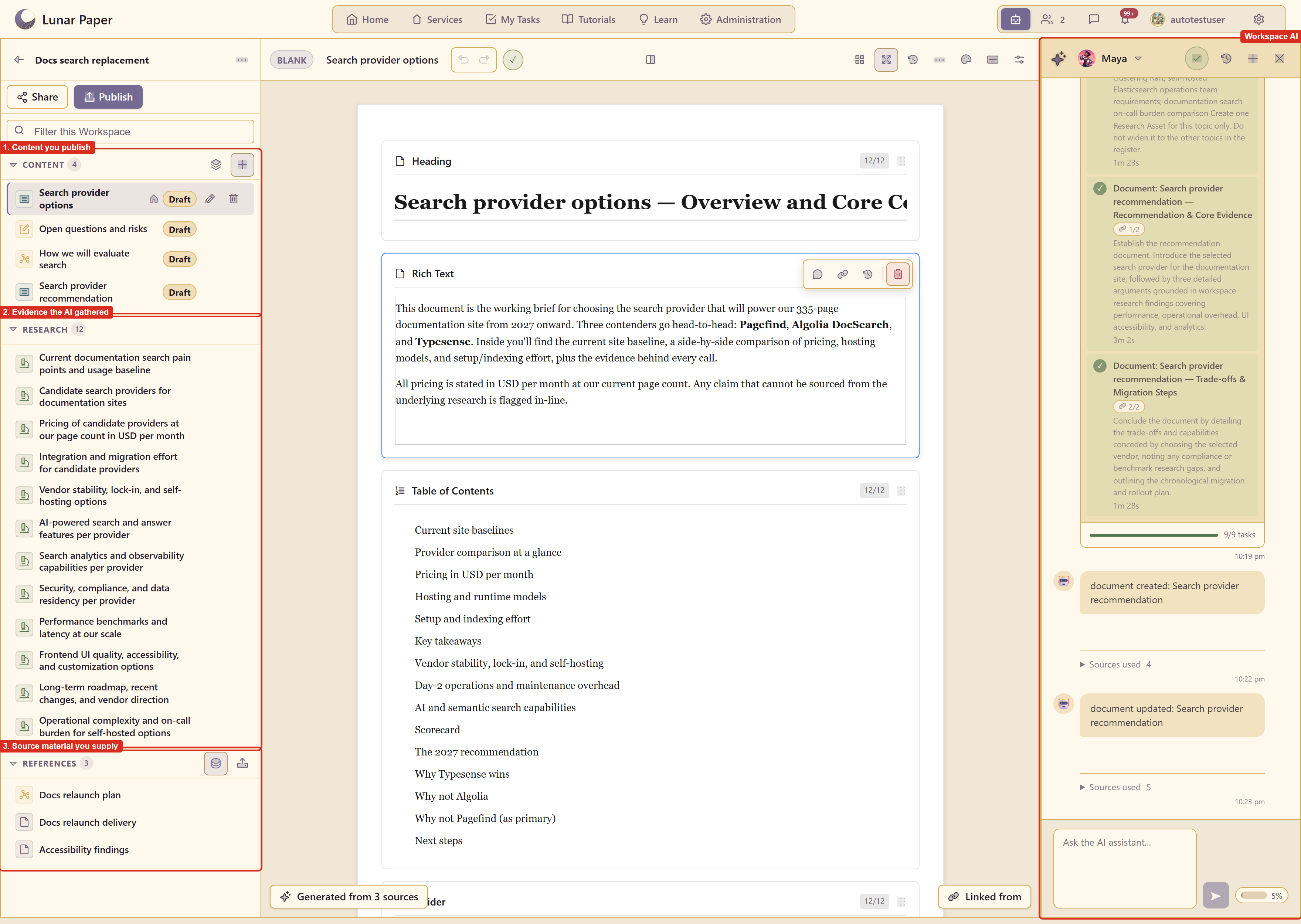 A workspace with its content, research, and references rails, an open document, and the AI panel running a plan